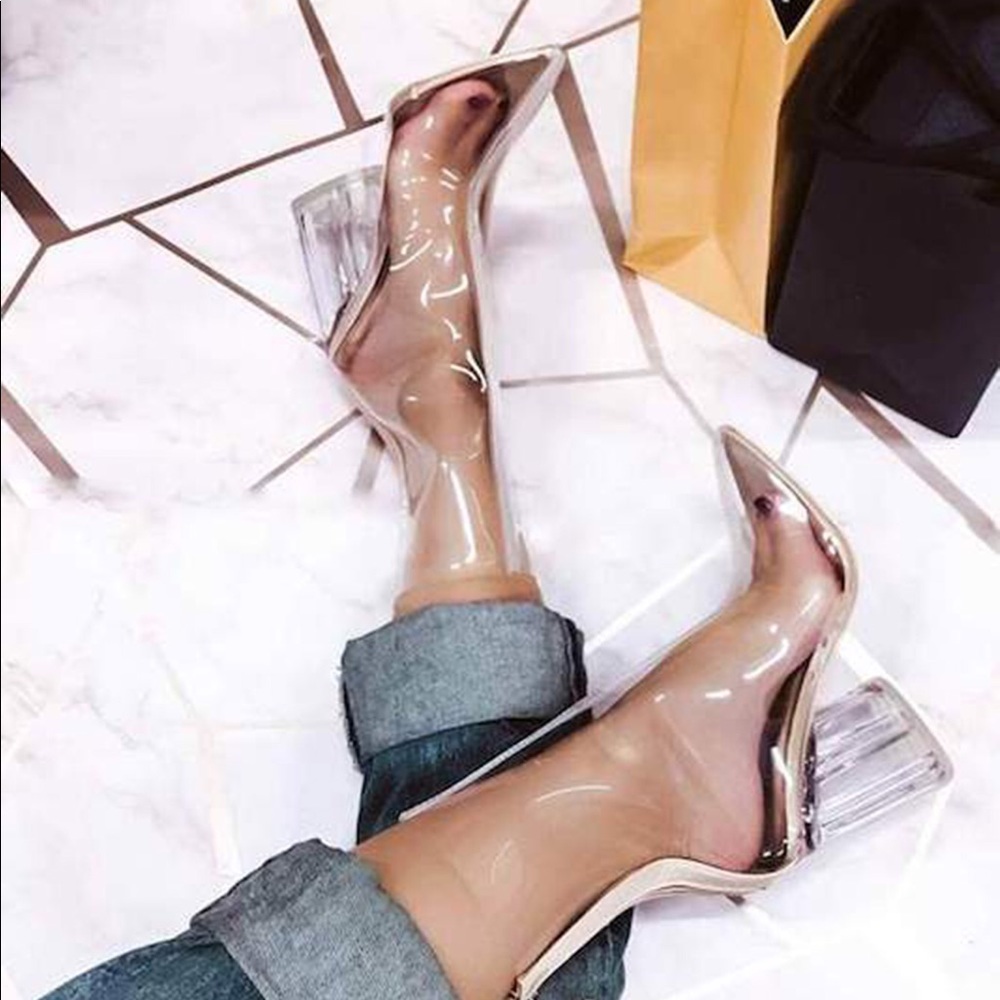 Clear Pointy Toe Chunky Heel Boot…